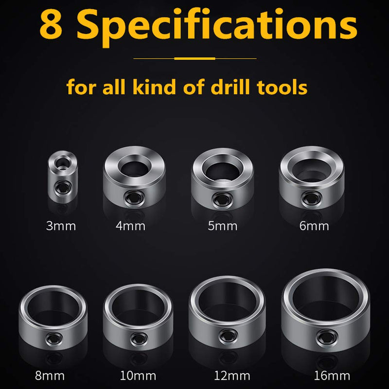 Rocaris Drill Stop Bit Collar Set – Kit Includes: 1/8", 3/16”, 1/4”, 5/16”, 3/8”, 7/16”, 1/2” and 5/8” Inch with Allen Wrench to Tighten The Stops Set-Screws (8-Piece) - NewNest Australia