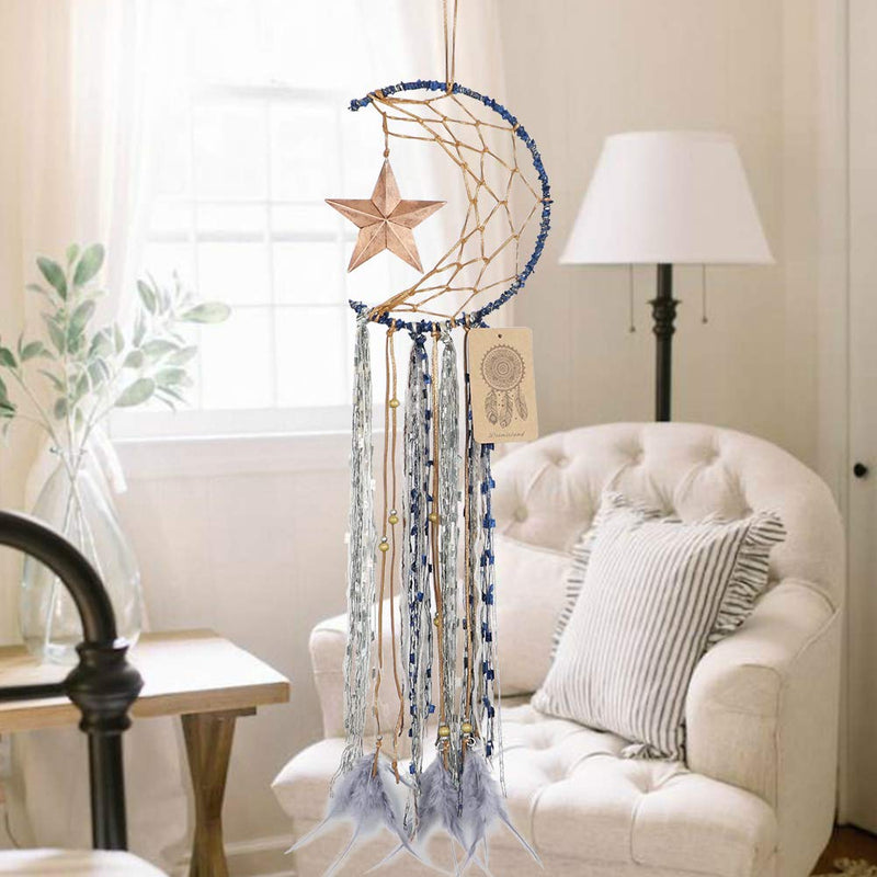 NewNest Australia - Dremisland Blue Dream Catcher Handmade Half Circle Moon Design Dream Catcher Feather Hanging with Star Home Decoration Ornament Festival Gift (Moon& Star) 