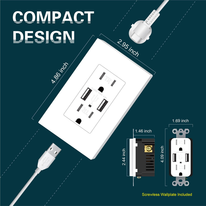 TOPELER 2Pack USB Wall Outlet, 4.8A High Speed USB Ports with Smart Chip, 15A Tamper Resistant Electrical Receptacle Socket, Screwless Wall Plate Included, UL & FCC Approved White - NewNest Australia
