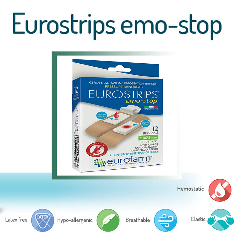 Eurostrips Emo-Stop 1 1/4 x 2 7/8 Inches Adhesive Bandages Central Pad Composed of Super-Absorbent Expandable Fibers That Stop The Bleeding, Breathable, and Hypoallergenic (12 Pieces) - NewNest Australia