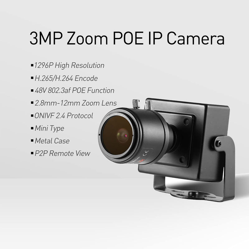 Revotech Zoom Mini POE IP Camera, HD 3MP Indoor Security Camera ONVIIF 2.8-12mm Manual Zoom Lens P2P Remote View CCTV Video Cam H.265 (I712-P Black) 2.8-12mm 48V POE Black - NewNest Australia