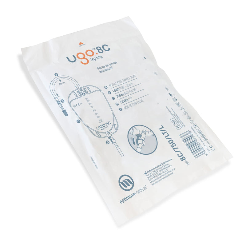 Ugo Leg Bags (X10) - Urine Drainage Bags/Catheter Leg Bags T Shape Or Lever Shaped Pockets With Soft Cloth Back (10 Pack) (Ugo 8C - 750Ml Long Tube Lever Fitting) - NewNest Australia