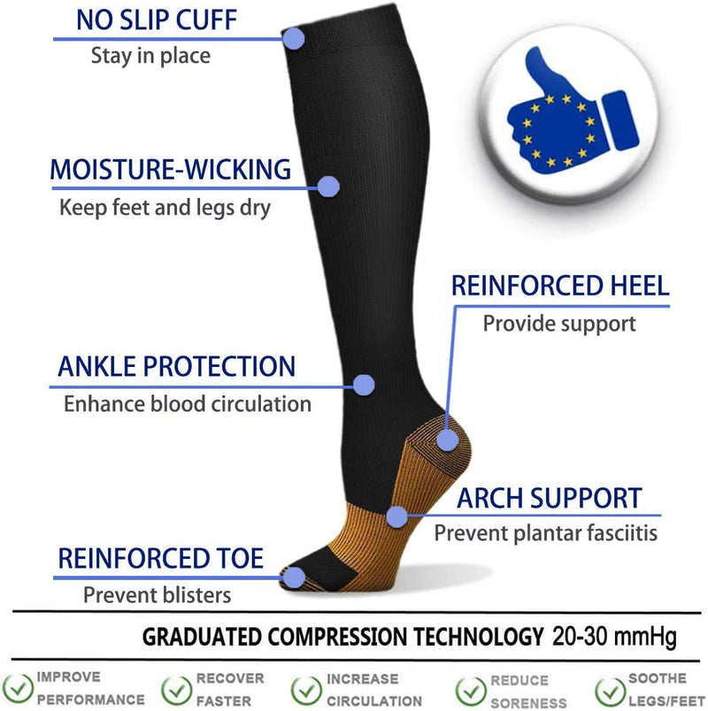 4 Pairs Copper Compression Socks for Men & Women 15-20 mmHg Medical Graduated Compression Stockings for Sports Running Plantar Fasciitis Nurses Shin Splints Diabetic S-M Black - 4pairs - NewNest Australia