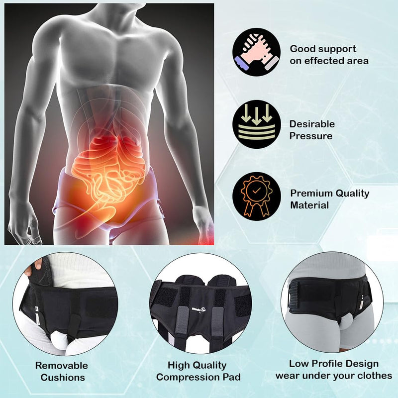Wonder Care - Inguinal Hernia Support Belt Groin Truss Brace Post Surgery Hernia Pain Relief, Two Compression Pressure Foam Pads, Adjustable Elastic straps-M M (Pack of 1) Black - NewNest Australia