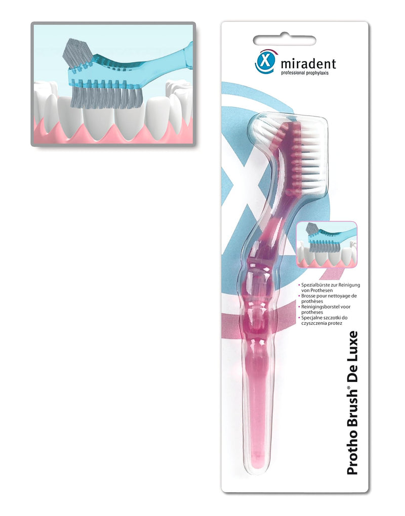 miradent Protho Brush® De Luxe pink denture brush 1 piece | two sizes of bristle fields | large ergonomic handle | available in two colors | also ideal for on the go - NewNest Australia