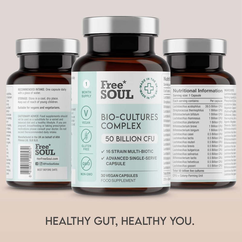 Super Strength 50 Billion CFU Advanced Pro Bio Cultures Complex with 16 Live Strains | Advanced Single Capsule Serving | Multi Strain Formula | Vegan Digestive Enzyme Supplement | UK Made - Free Soul - NewNest Australia