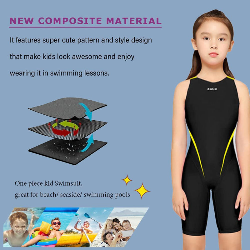 karrack Girls Swimming Suit Sports Conjoined Girls Training Competition Children Swimming Suit Black/Yellow 11-12 Years - NewNest Australia