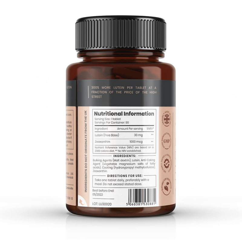 Triple Strength Lutein 30 mg x 90 Tablets with 1000 mcg Zeaxanthin - 3 Month Supply 90 Pieces (Pack of 1) - NewNest Australia