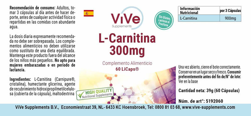L-Carnitine 300 mg - 60 capsules - crystalline Carnipure carnitine in airtight LiCaps - high dosage and vegan | Quality from Germany from ViVe Supplements - NewNest Australia