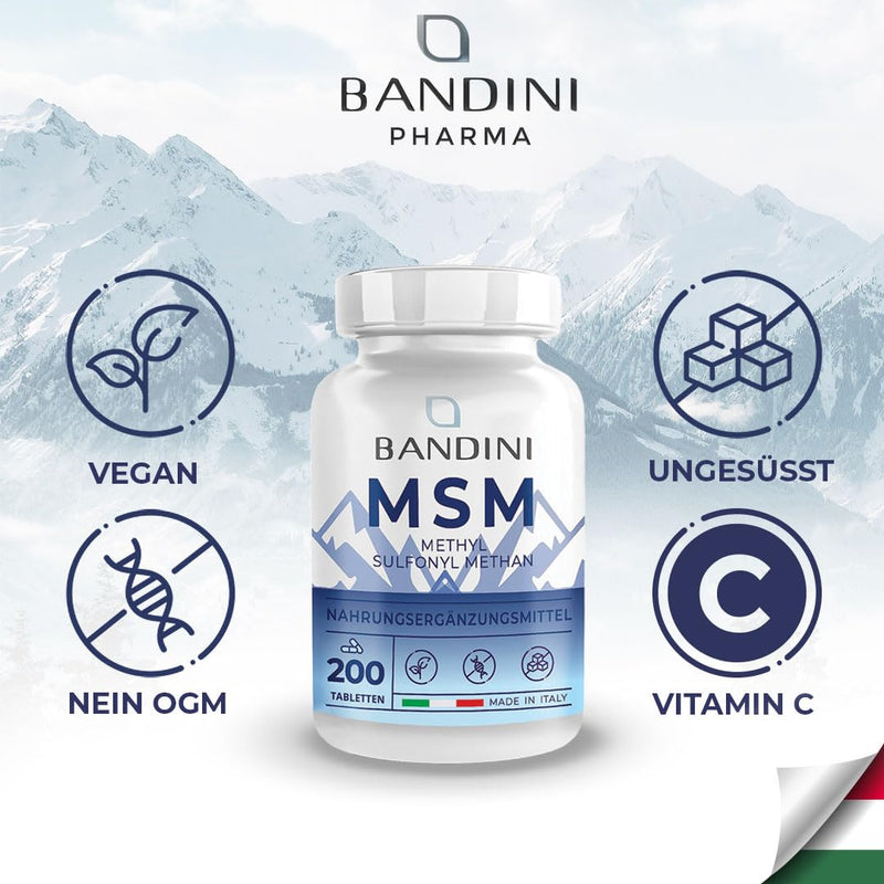 Bandini® MSM 2000mg + VITAMIN C | 200 tablets | More compact MSM powder than capsules, without magnesium stearate | Highly dosed, vegan, GMO-free, no additives, laboratory tested - NewNest Australia