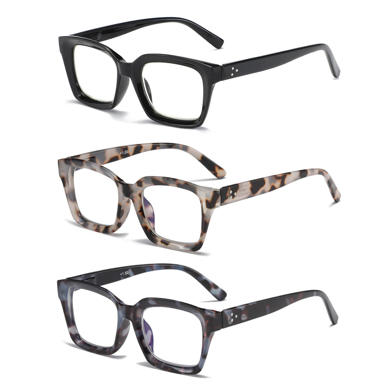 3 Pack Oversize Square Design Reading Glasses for Women, Blue Light Blocking Computer Reader Black&grey Leopard&blue Leopard 0.0 x - NewNest Australia