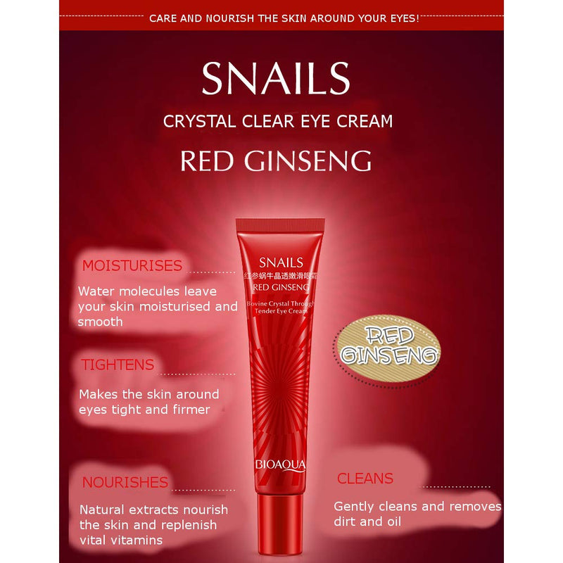 BIOAQUA Red Ginseng Eye Cream Snails Bovine Crystal Through Tender Soft Skin Hydrating and Moisturising Effect Care for Skin Blooming Eyes Tight Firmer Gently Cleans Removes Dirt Oil 20g - NewNest Australia