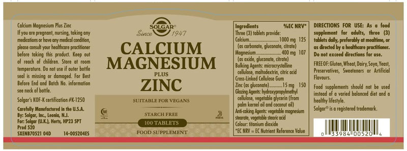Solgar Calcium Magnesium Plus Zinc, 100 Tablets - Promotes Healthy Bones and Teeth - Supports Nerve & Muscle Function - Non GMO, Vegan, Gluten Free, Dairy Free, Kosher, Halal - 33 Servings 100 Count - NewNest Australia