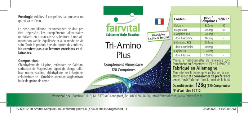 Fairvital Tri-Amino Plus - 120 Tablets - Vegan Amino Acids Complex With Minerals - With L-Arginine, L-Ornithine, L-Lysine, Calcium And Magnesium - Made In Germany - NewNest Australia