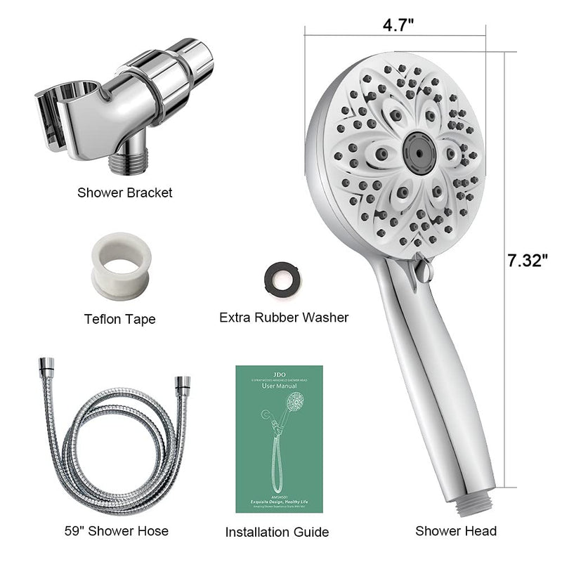 JDO Shower Head with Handheld, High Pressure Handheld Shower Head 6 Spray Settings - 4.7" Chrome Finish High Flow Hand Held Showerhead Set with Stainless Steel Hose and Adjustable Bracket (Chrome) - NewNest Australia