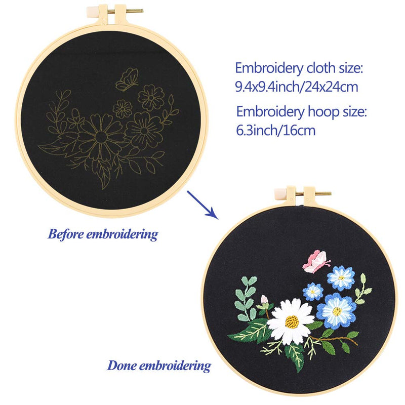 Caydo 3 Sets Embroidery Starter Kit with Pattern and Instructions, Cross Stitch Kits Include 3 Embroidery Cloth with Floral Pattern, 3 Plastic Embroidery Hoops, Color Threads and Tools Black - NewNest Australia
