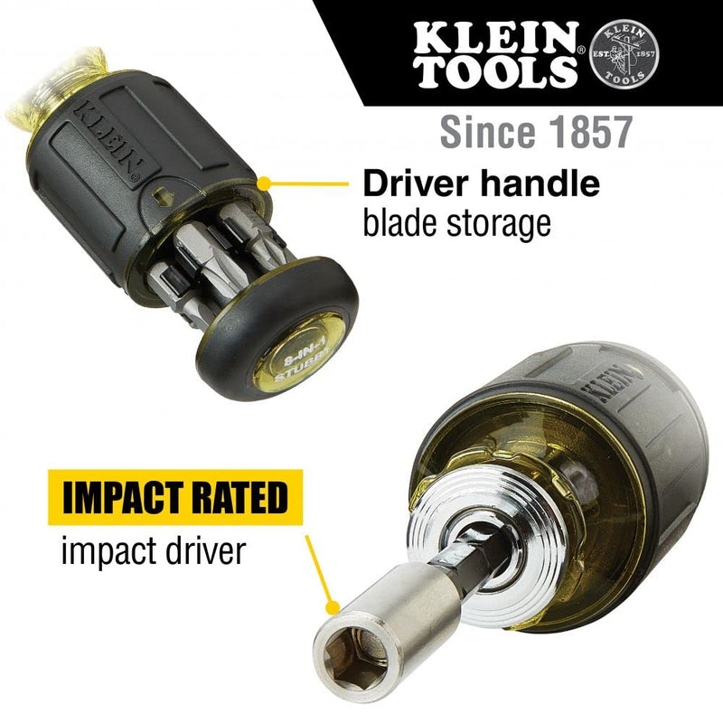 Klein Tools 32308 Multi-bit Stubby Screwdriver, Impact Rated 8-in-1 Adjustable Magnetic Tool with Phillips, Slotted, Square and Nut Driver - NewNest Australia