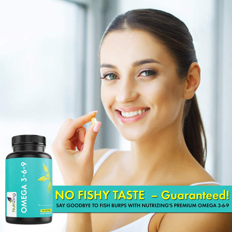 Omega 3 6 9 Triple Strength Fish Oil + Flaxseed Oil & Sunflower Oil - EPA & DHA - High Strength 1000mg - Made in The UK - Omega369 in one softgel by NutriZing - Potent Essential Fatty Acids - NewNest Australia