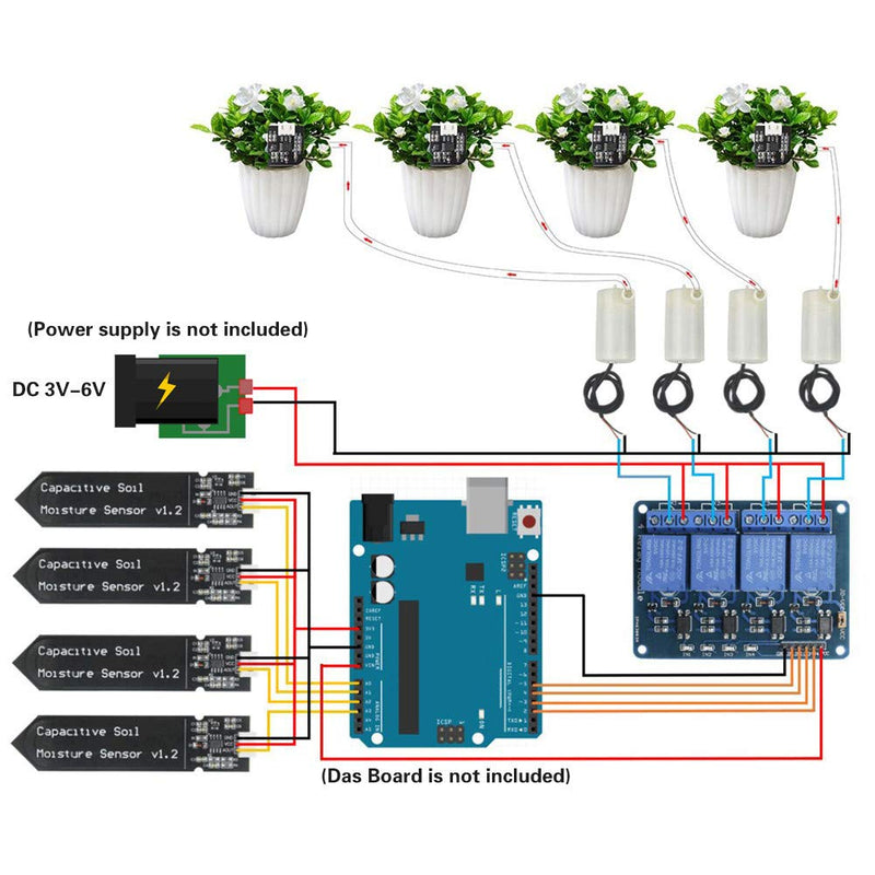 WayinTop Automatic Irrigation DIY Kit Self Watering System with PDF Tutorial, 4pcs Capacitive Soil Moisture Sensor 4Channel 5V Relay Module and 4pcs Water Pump + 4M Vinyl Tubing for Garden Plant - NewNest Australia