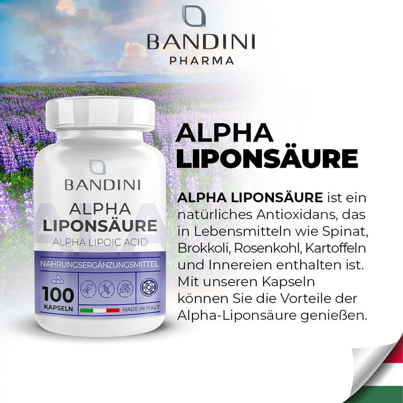 Bandini® ALA Alpha Lipoic Acid 200mg | 100 capsules | Antioxidant Alpha Lipoic Acid | Support for the circulatory system, liver, nervous system | Highly dosed, vegan, laboratory tested, bioavailable, GMO-free - NewNest Australia