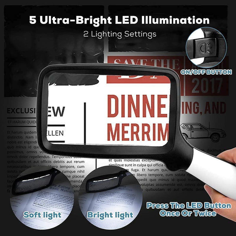 Folding Handheld Magnifying Glasses with Light, 3X Large Rectangle Reading Magnifier with Dimmable LED for Seniors with Macular Degeneration, Newspaper, Books, Small Print, for Low Visions - NewNest Australia