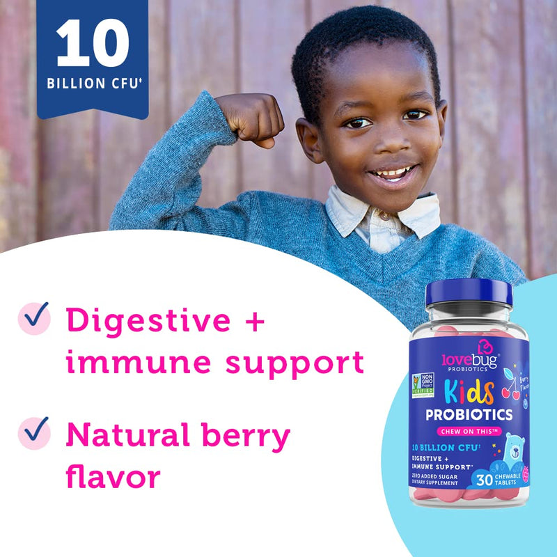 LoveBug Probiotics for Kids Immune Support, 10 Billion CFU & 6 Strains, 30 Natural Berry Flavored Chewable Tablets, Probiotic Supplement for Digestive & Immune Health, Allergen Friendly. - NewNest Australia