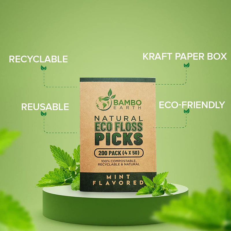 Natural Dental Floss Picks - Eco Friendly Cruelty Free & Vegan Tooth Flossers Pick Set with Biodegradable and Compostable BPA Free Handle & Zero Waste Packaging - 200 Pack (Mint) Mint - NewNest Australia