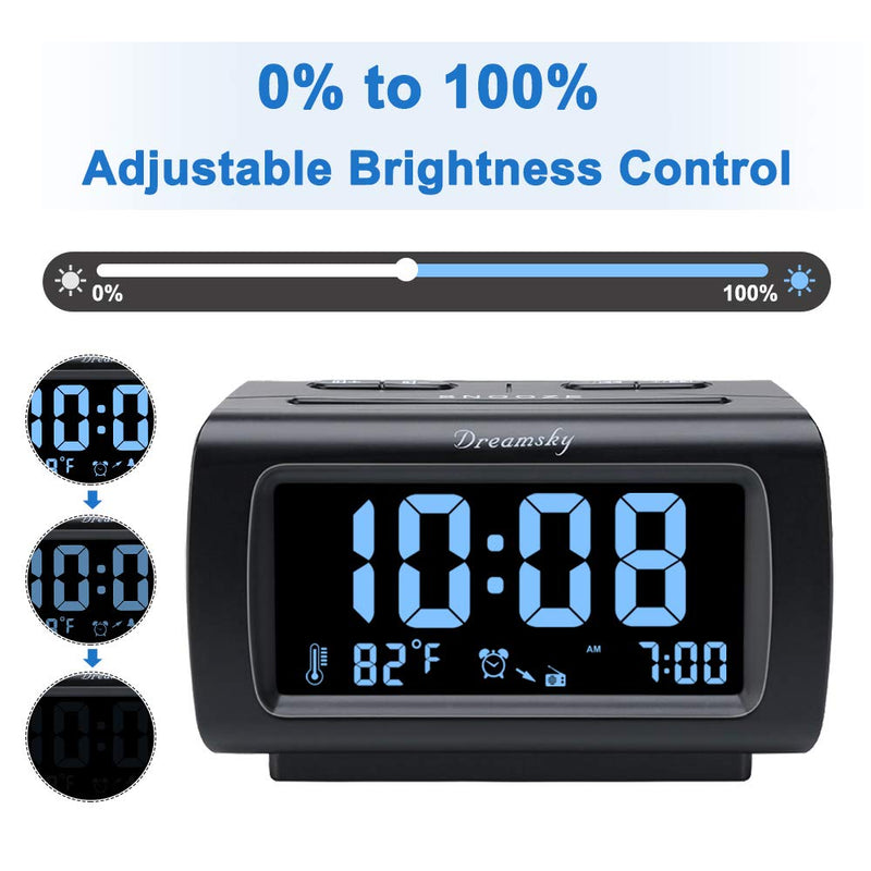 NewNest Australia - DreamSky Decent Alarm Clock Radio with FM Radio, USB Port for Charging, 1.2 Inch Blue Digit Display with Dimmer, Temperature Display, Snooze, Adjustable Alarm Volume, Sleep Timer. Black 