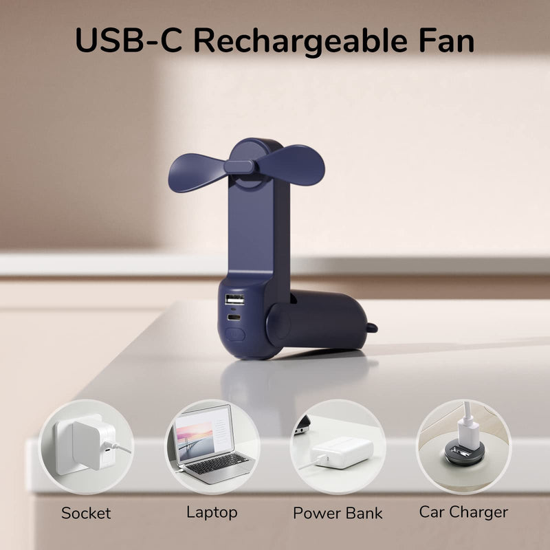 JISULIFE 3 IN 1 Handheld Fan, Mini Hand Fan, Portable Small Pocket Fan, USB Rechargeable Fan [14-21 Working Hours] with Power Bank, Flashlight Feature for Eyelash, Makeup, Outdoor-Dark Blue - NewNest Australia