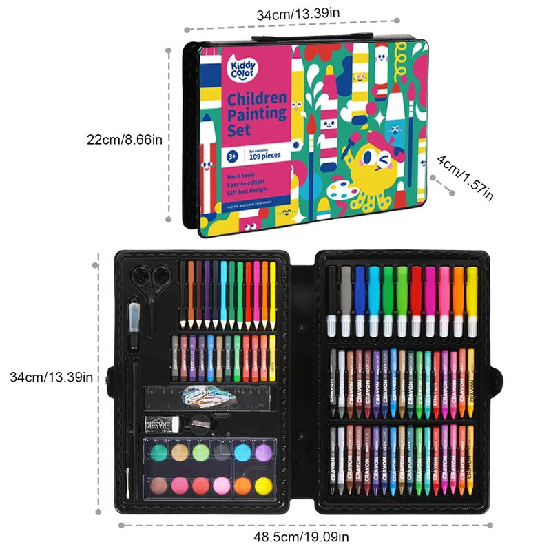 KIDDYCOLOR 109-Piece Deluxe Art Set for Kids, Painting & Drawing Art Supplies in a Plastic Case with Markers, Watercolor Cakes, Color Pencils, Great Art Kit Gift for Kids 3-12 109 pcs - NewNest Australia