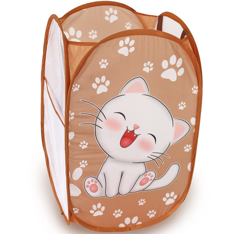 WEI LONG Cute Foldable Pop Up Hamper - Mesh Laundry Basket Durable Handles Toys Tidy Clothes Socks Storage Bag (Khaki Cat Paw) 01 Khaki Cat Paw - NewNest Australia