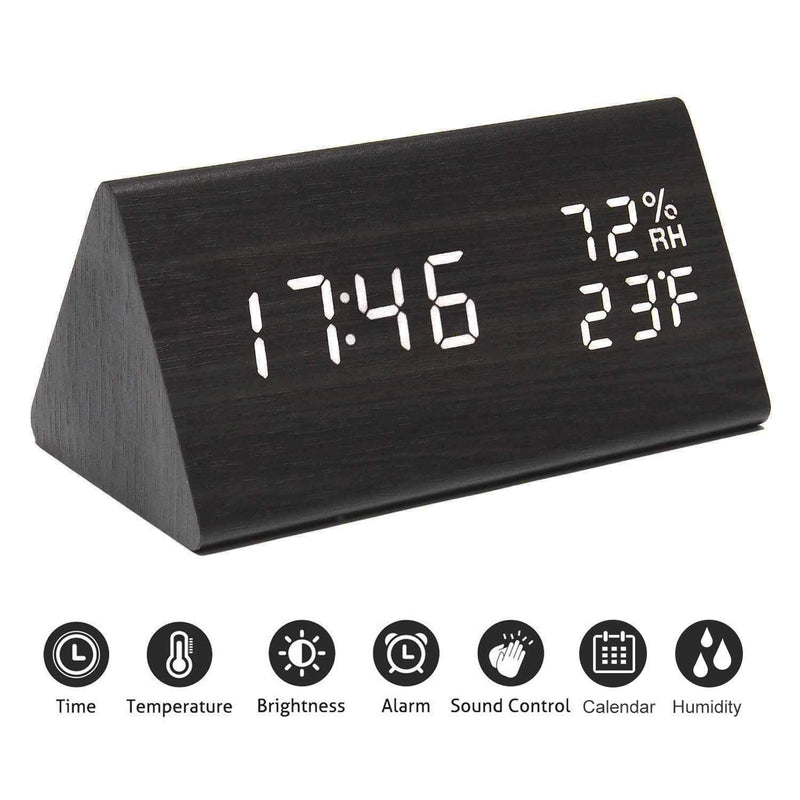 NewNest Australia - Digital Alarm Clock, with Wooden Electronic LED Time Display, 3 Alarm Settings, Humidity & Temperature Detect, Wood Made Electric Clocks for Bedroom, Bedside, Black 