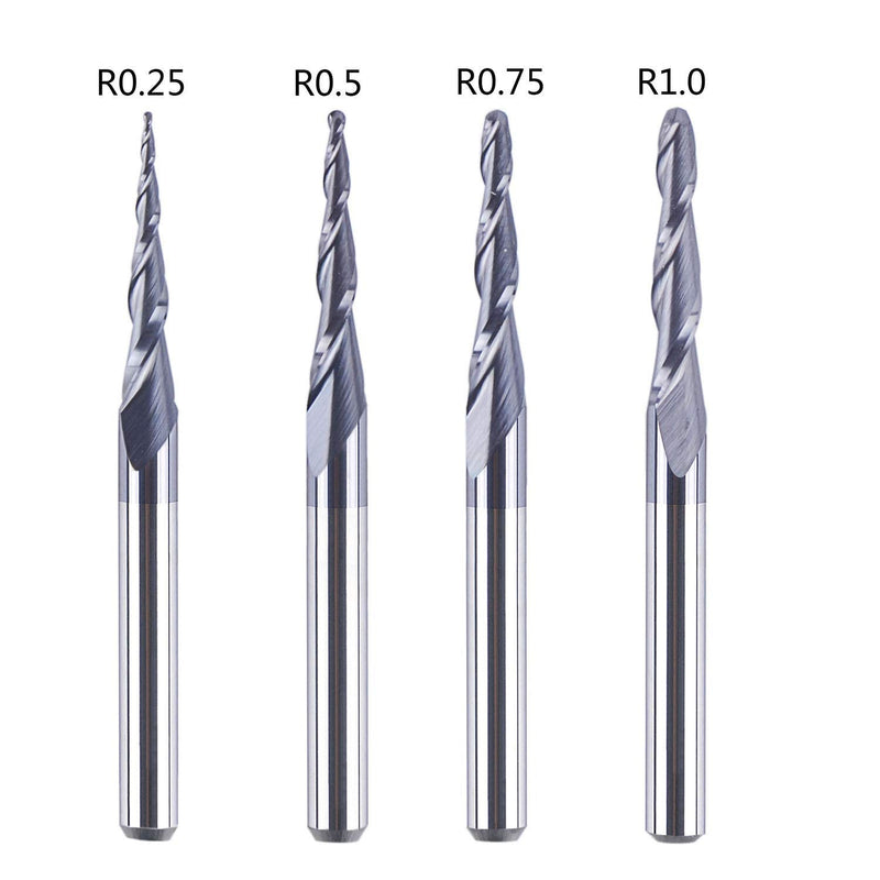 SpeTool 4Pcs/Pack Assorted R0.25~1.0 Tip 1/8" Tapered End Mill Cone Ball Nose Carbide Bit CNC Cutter for Carving Engraving - NewNest Australia