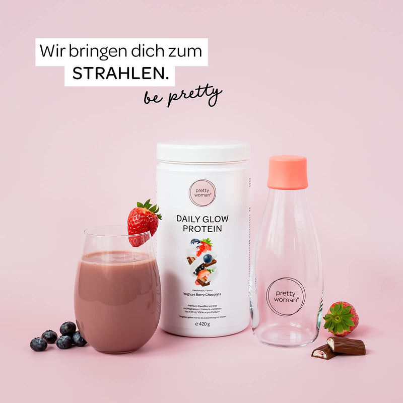 Pretty Woman Daily Glow Protein Powder For Women "Yoghurt Berry Chocolate" 420 G / Low Carb Shake With Vitamins & Minerals, Biotin & Folic Acid - Only 0.5 G Sugar Per Serving - NewNest Australia