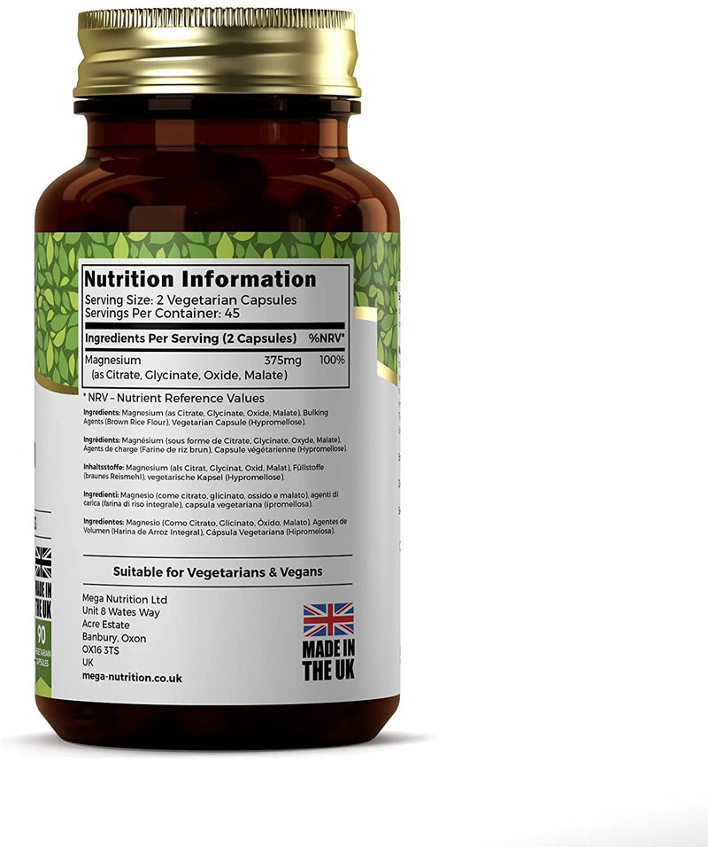 Ezyleaf Magnesium High Dose Capsules | 375Mg Magnesium Per Serving | Magnesium Glycinate, Magnesium Malate & Magnesium Citrate | 90 Vegan Capsules | Iso Certified, Allergen & Gluten Free | Made In The - NewNest Australia