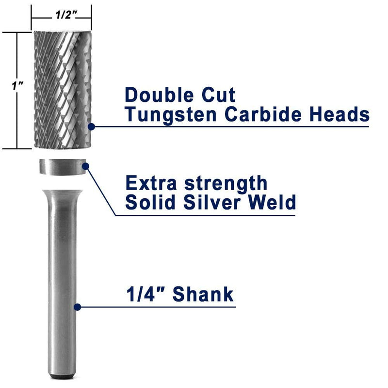 YUFUTOL SA-5 Tungsten Carbide Burr Cylinder Shape Double Cut Rotary Burr File(1/2” cutter Dia X 1”Cutter Length) with 1/4'' Shank dia,Pack of 1 - NewNest Australia