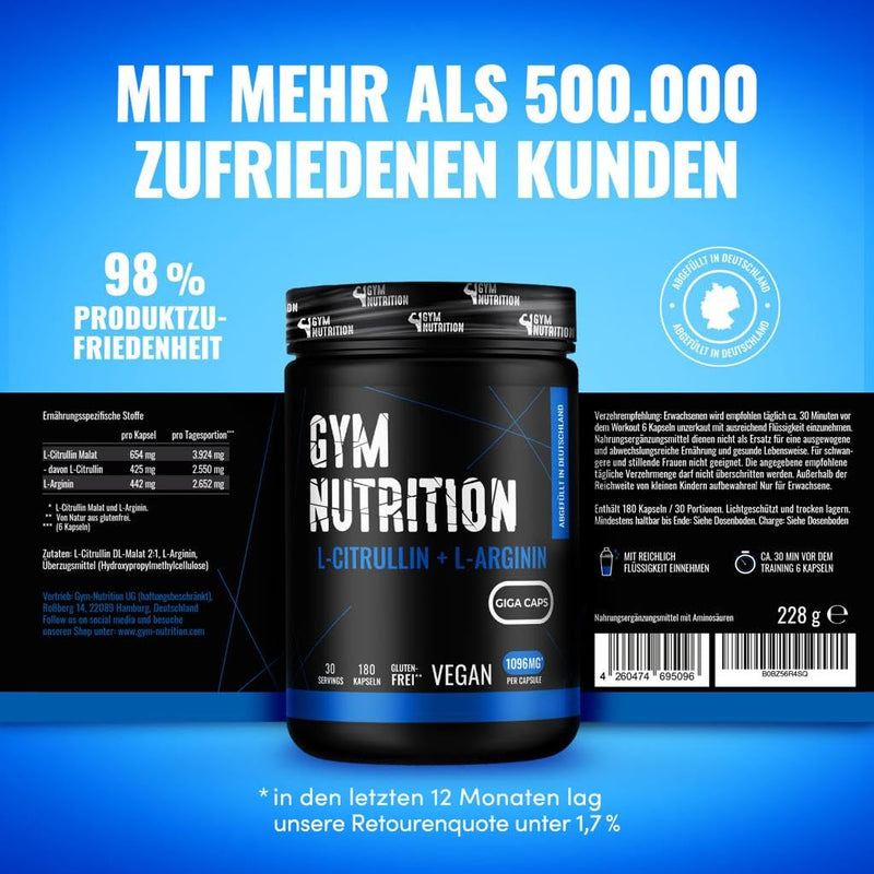 L-Arginine + L-Citrulline - 180 capsules - High dose 1096 mg per capsule - Citrulline + Arginine Base - GIGA CAPS - Premium amino acid vegan - - NewNest Australia