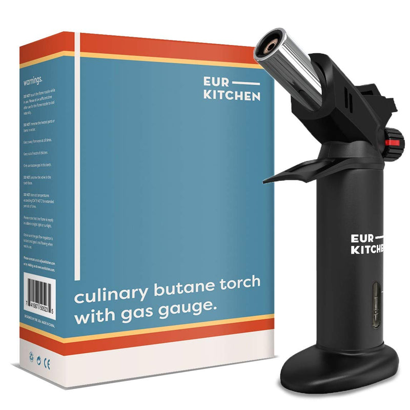 NewNest Australia - EurKitchen Butane Culinary Kitchen Torch - Fuel Not Included - Refillable Food Blow Torch for Creme Brulee and to Sear Steak, Fish - Kitchen Lighter Tool for Cooking with Finger Guard (w/Fuel Gauge) 