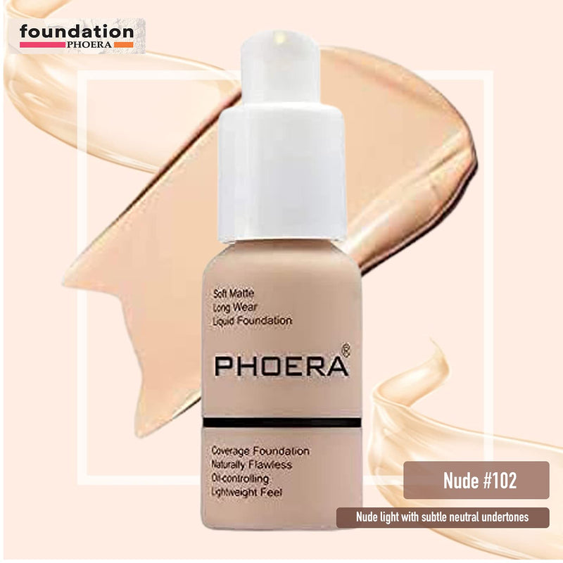 Phoera Foundation Full Coverage Makeup Set - Includes Nude 30ml Matte Foundation, Phoera Concealer (Neutral), Cool Beige Setting Powder & Silicone Blender Sponge for Easy Application - NewNest Australia