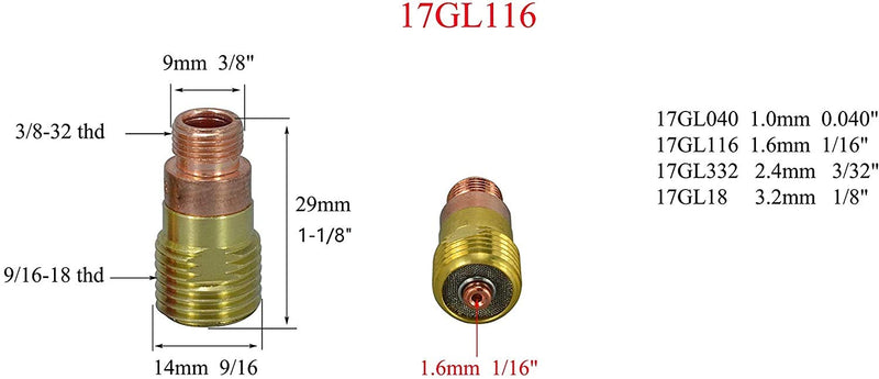 TIG Stubby Gas Lens Collets body 17GL116 10N23S (1/16" & 1.6mm) 17GL332 10N24S (3/32" & 2.4mm) Pyrex Cup #10 (5/8" & 16mm) Insulators 17GLG20 Back cap 57Y02 for WP 17 18 26 TIG Welding Torch 16pcs - NewNest Australia
