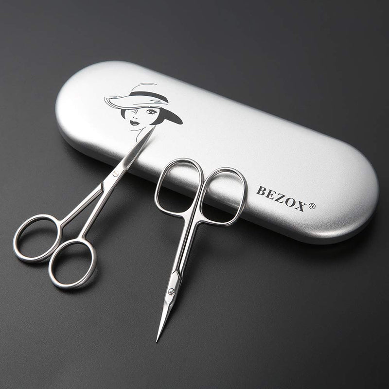 BEZOX 2pcs Scissors Set - Sharp Nail Scissors, Cuticle Scissor, Eyebrow Grooming Scissors, Cuticle Cutters, Beard Trimming Scissors, Hair Cutting Scissors Professional for Women or Men Silver - NewNest Australia