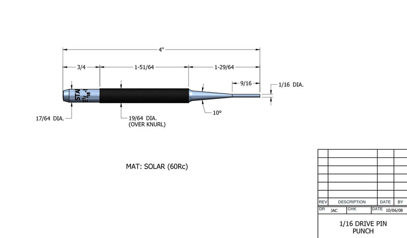 Starrett 565A 4" Overall Length, 9/16" Pin Length, 1/16" Pin Diameter, Drive Pin Punch 1.5mm (1/16in) - NewNest Australia