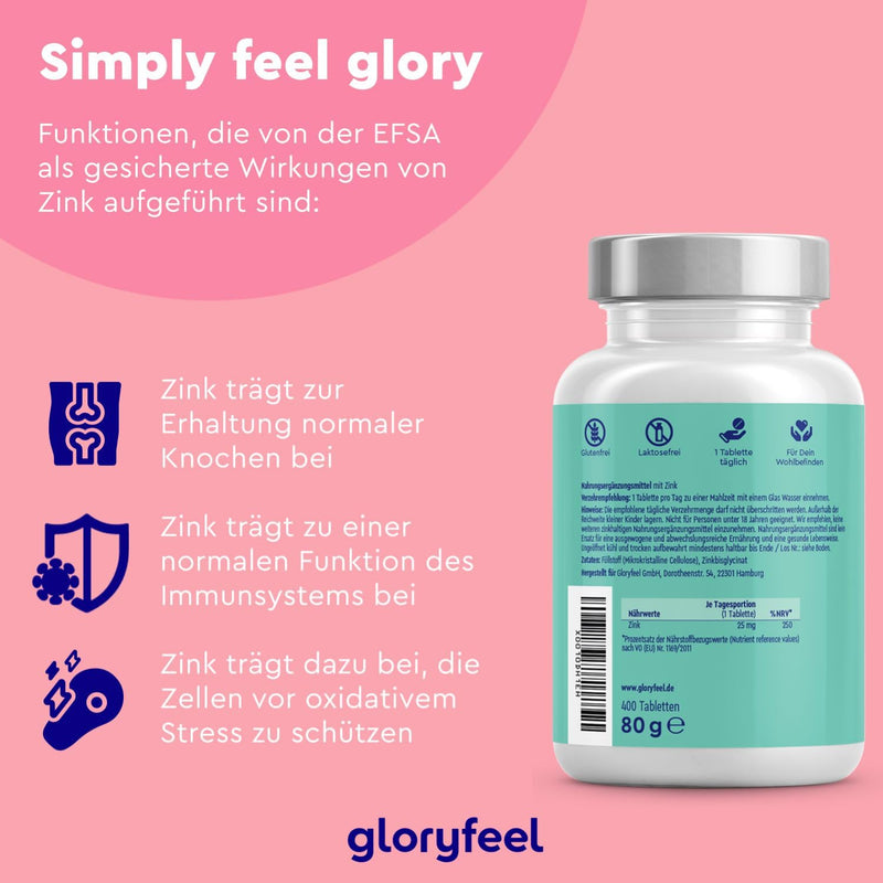 Zinc 25mg - 400 tablets - Premium zinc bisglycinate (zinc chelate) highly bioavailable - 25mg elemental zinc per tablet - Laboratory tested, vegan, made in Germany without additives - NewNest Australia