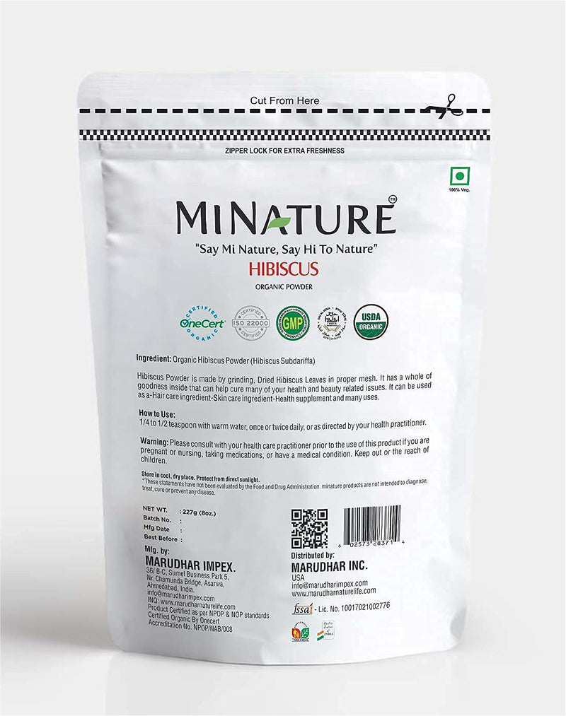 mi nature USDA Certified Organic Hibiscus Powder(SABDARIFFA)/100% Pure, Natural and Organic for Hair,Skin and Health/(227g/(1/2 lb)/8 Ounces) - resealable ziplock Pouch - NewNest Australia