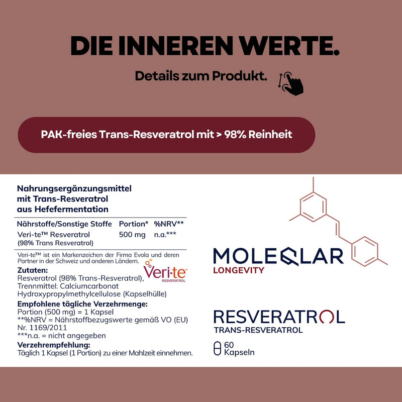 Moleqlar Trans-Resveratrol Capsules | 60 Capsules Premium Resveratrol From Yeast Fermentation | 500Mg Per Capsule | >98% Pure Trans-Resveratrol | 100% Pah And Gmo Free | Certified Purity - NewNest Australia