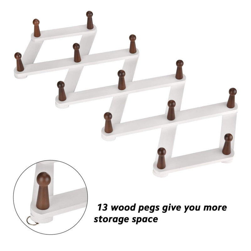 NewNest Australia - Homode Wood Expandable Coat Rack, Wall Mounted Decorative Accordion Hook Rack with 13 Pegs for Mugs, Coats, Jackets, Hats, Scarves, Bags (White and Brown) 
