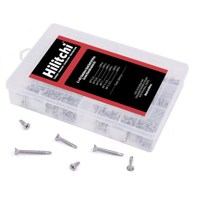 Hilitchi 240 Pcs 410 Stainless Steel Flat Head Phillips Self Drilling Screws Sheet Metal Tek Screws Assortment Kit, Modified Truss Head Self Driller - Size: #8 x 1/2" ~ #8 x 1-1/2" (Pack of 240) #8 Flat Head - NewNest Australia