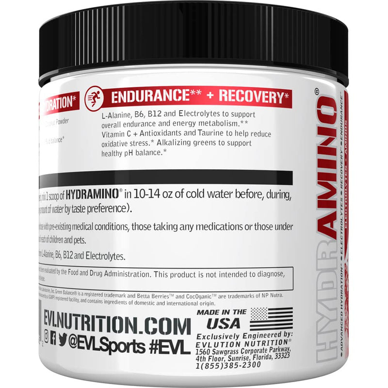 Evlution Nutrition HYDRAMINO Complete Hydration Multiplier, All 6 Electrolytes, Vitamin C & B, Fluid Boosting Aminos, Coconut Water, Endurance, Recovery, Antioxidants, 30 Serve, Fruit Punch - NewNest Australia