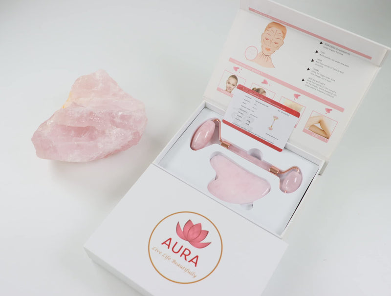 Aura - Live life beautifully Premium Certified Luxury 100% Authentic Rose Quartz Pink Roller & Gua Sha Set for Anti-Aging Skin Care, Muscle Relaxation, Fine Line Reduction, and Eye Puffiness Relief - NewNest Australia
