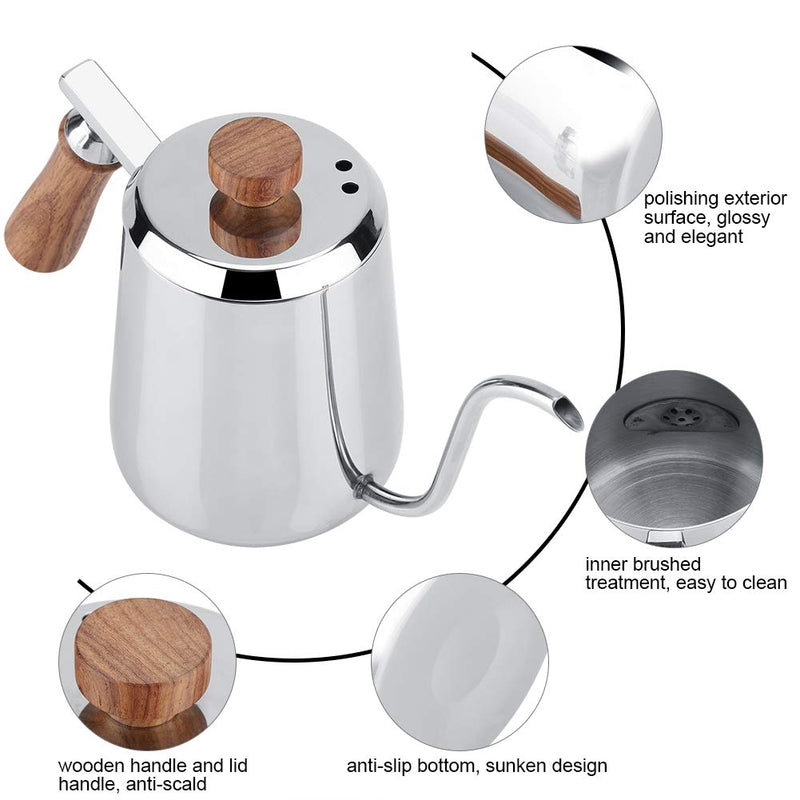 304 Stainless Steel Gooseneck Pour Over Coffee Kettle, 350/600ml Drip Coffee Pot with Long Gooseneck Spout, Wooden Lid and Wooden Handle (350ml) 350ml - NewNest Australia